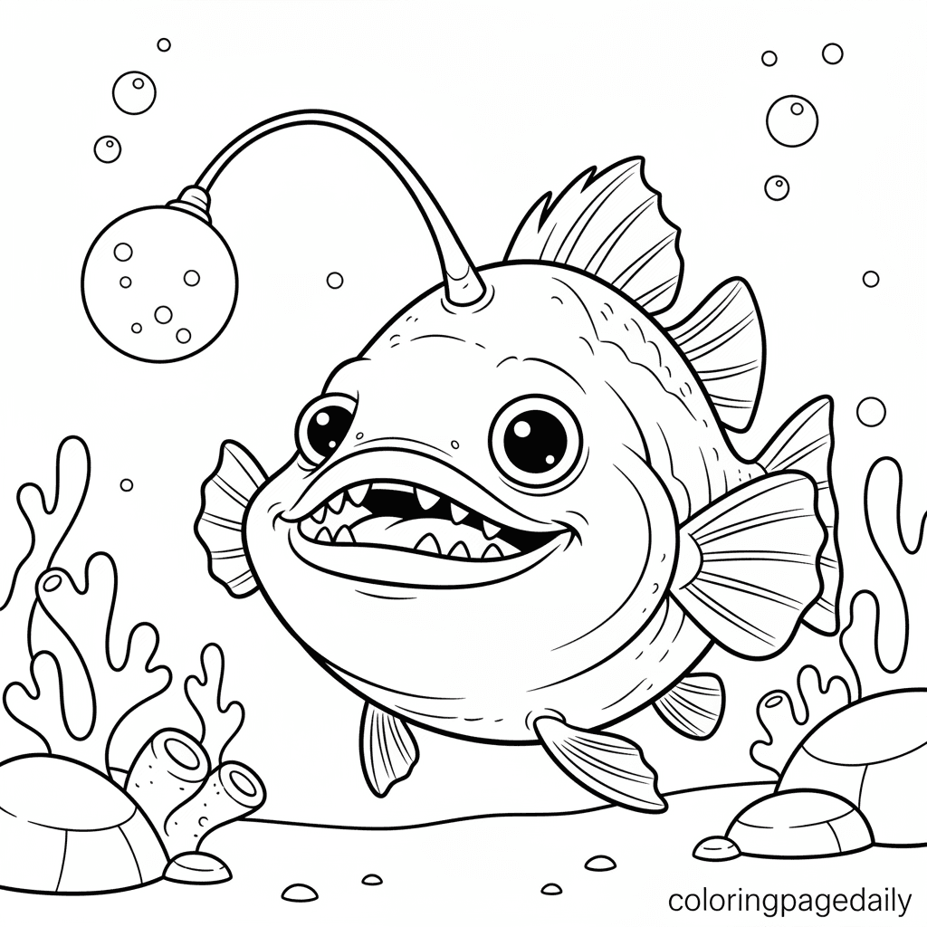Anglerfish with Glowing Lure - Daily printable coloring page in Kids - Ocean and Underwater Life category