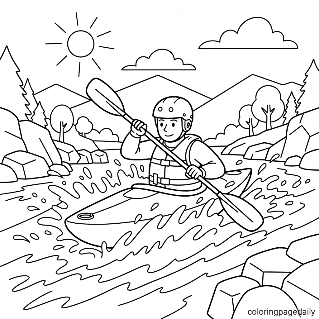 Kayaker White Water - Daily printable coloring page in Kids - Sports category