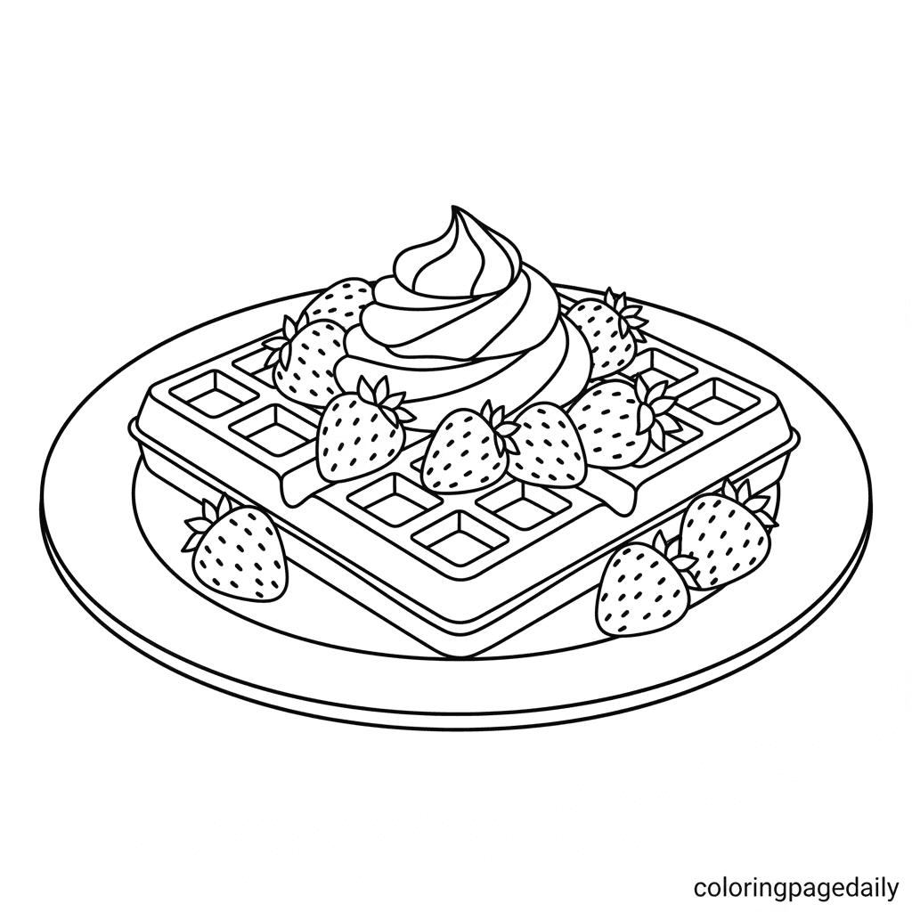 Belgian Waffle with Strawberries - Daily printable coloring page in Kids - Food category