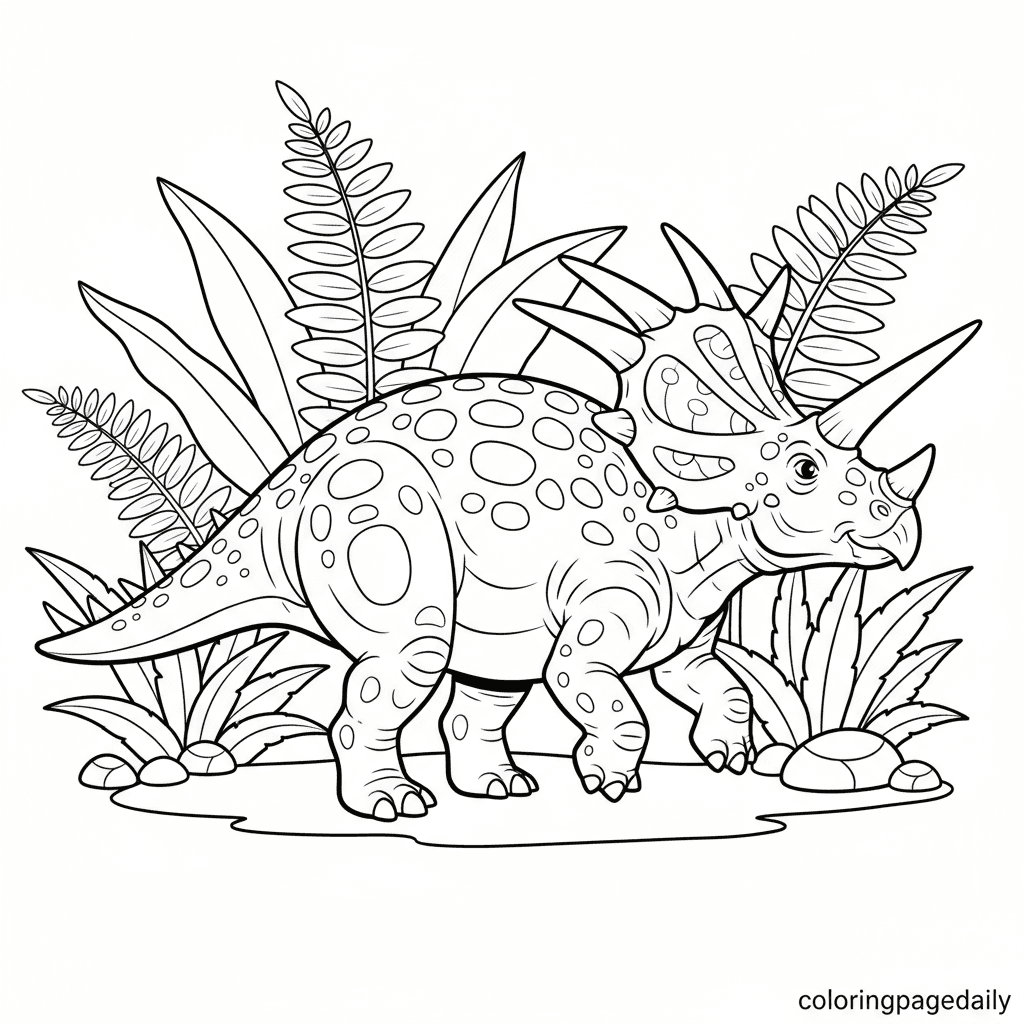 Styracosaurus Walking in Ferns - Daily printable coloring page in Kids - Dinosaur category