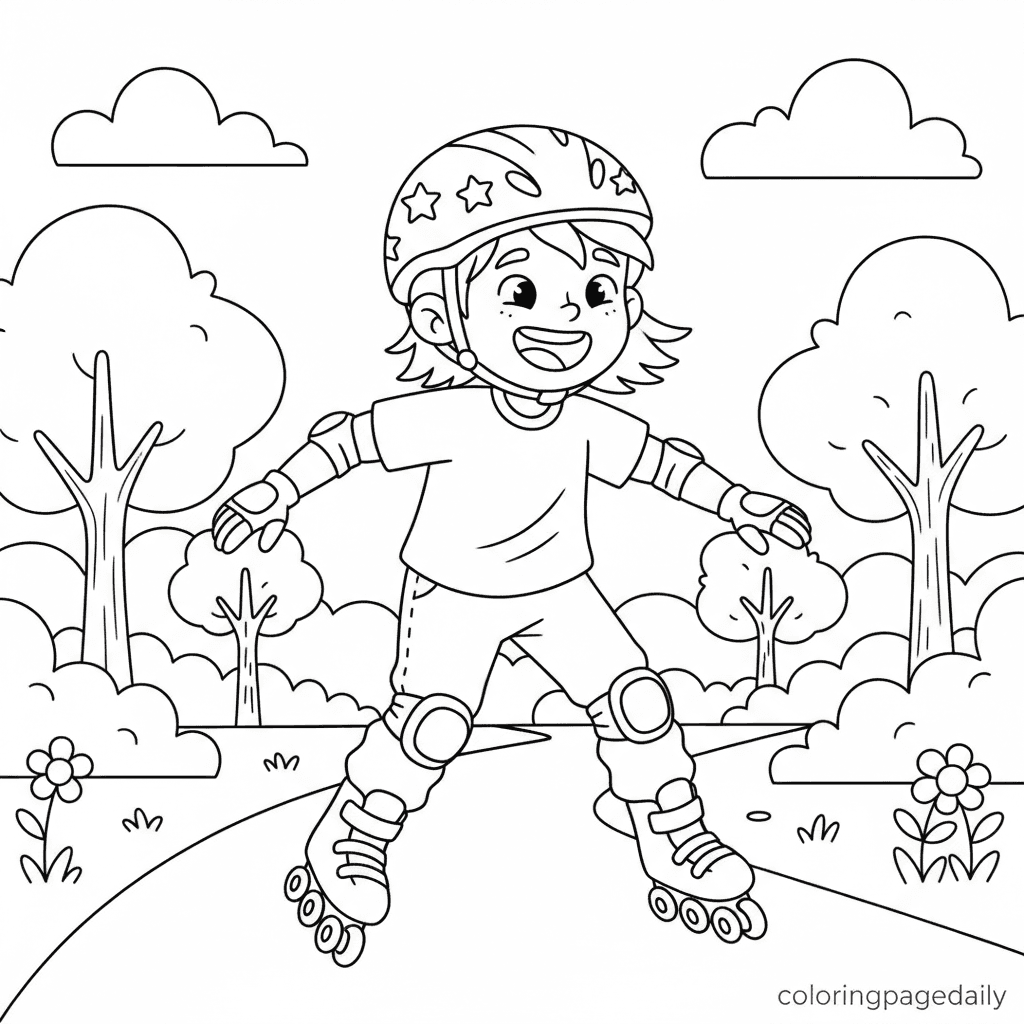 Kid Rollerblading in Park - Daily printable coloring page in Kids - Sports category