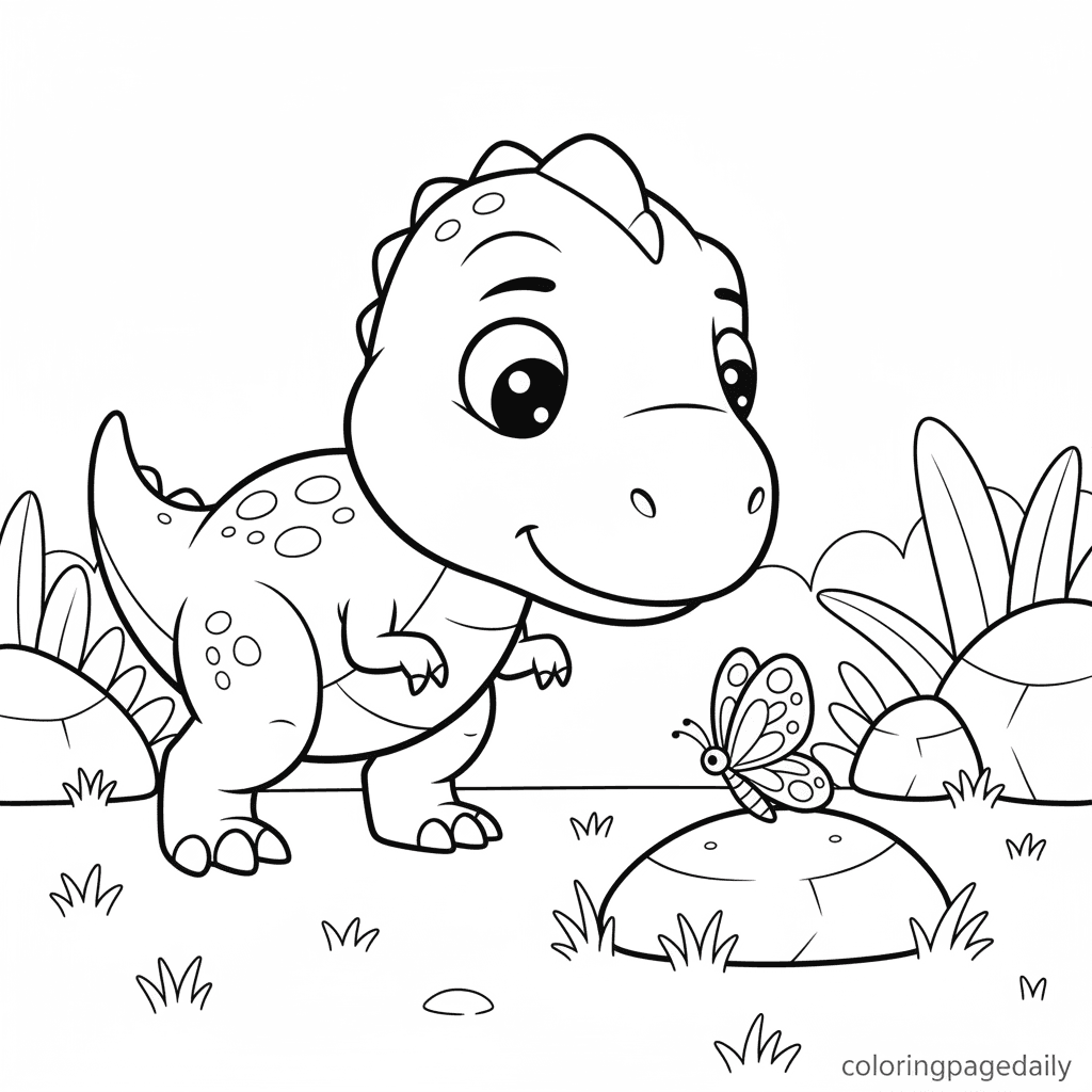 T-Rex and the Butterfly - Daily printable coloring page in Kids - Dinosaur category