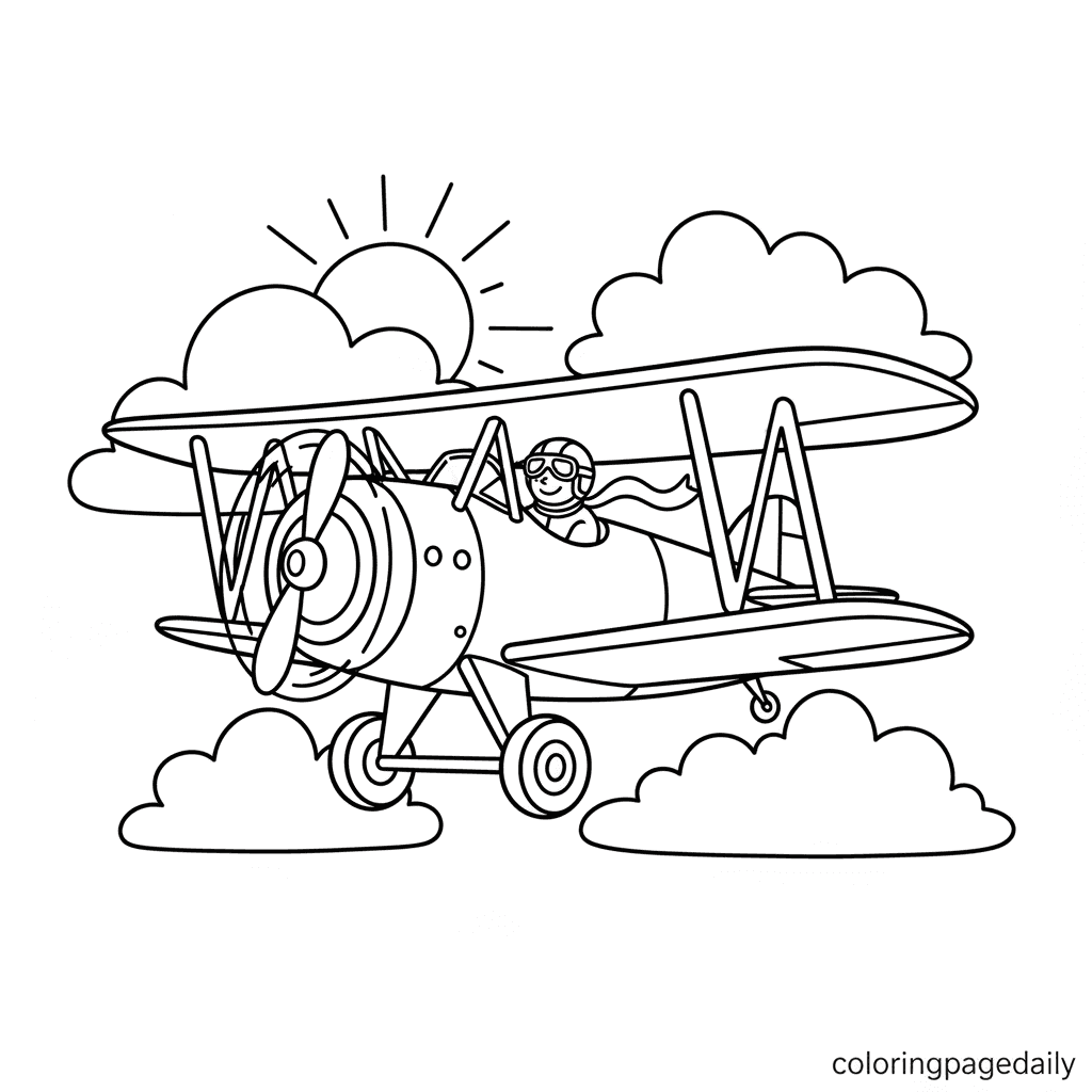 Vintage Biplane Flight - Daily printable coloring page in Kids - Vehicle category