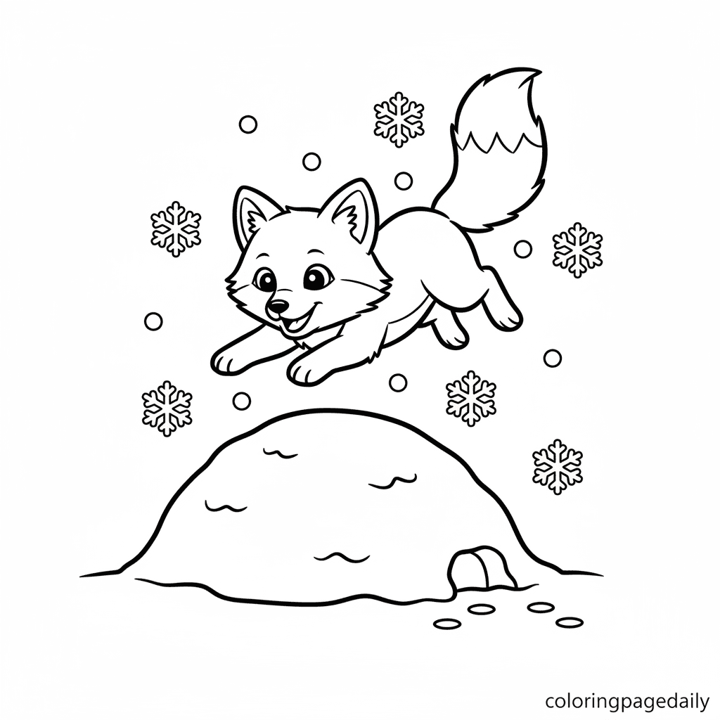 Arctic Fox Pouncing Snow - Daily printable coloring page in Kids - Winter and Snow Season category
