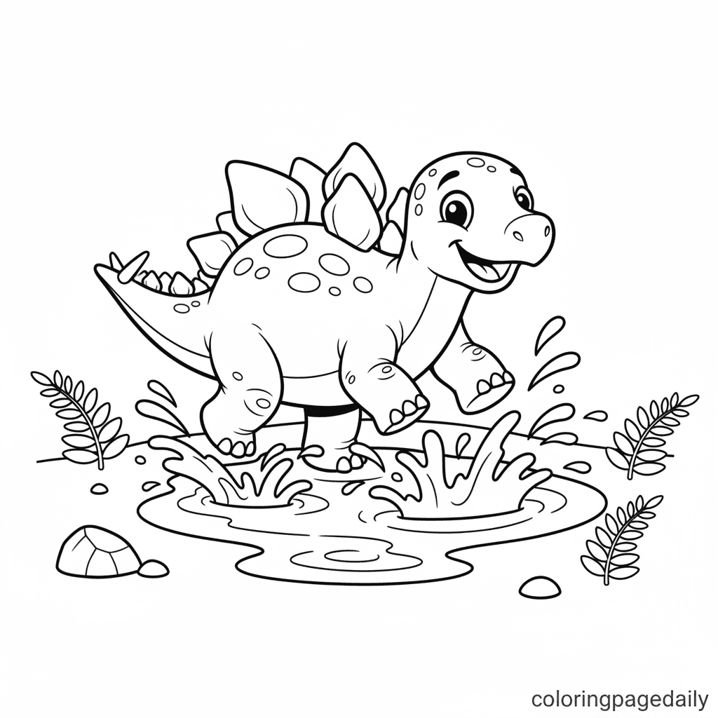 Stegosaurus Muddy Puddle Splash - Daily printable coloring page in Kids - Dinosaur category
