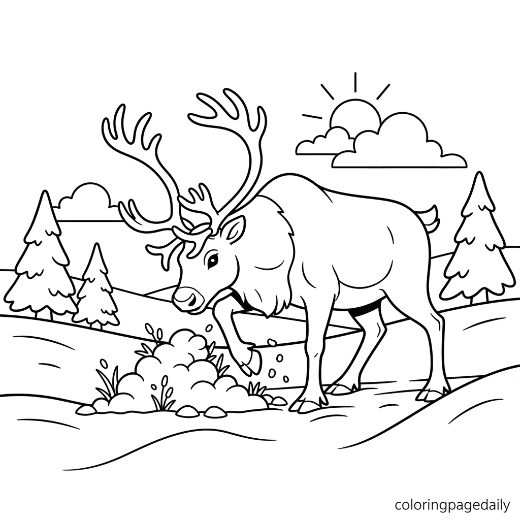 Wild Reindeer Grazing - Daily printable coloring page in Kids - Winter and Snow Season category