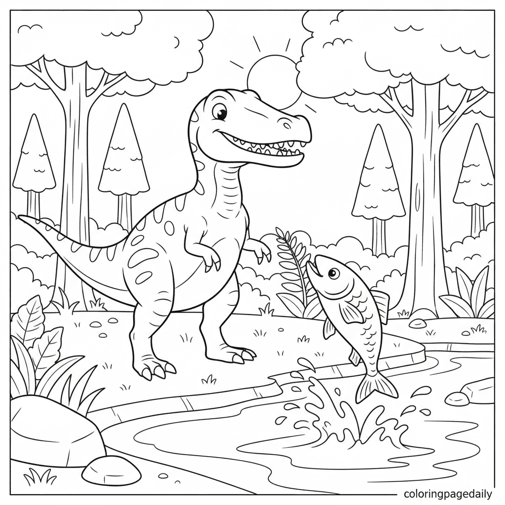 Baryonyx at the River - Daily printable coloring page in Kids - Dinosaur category