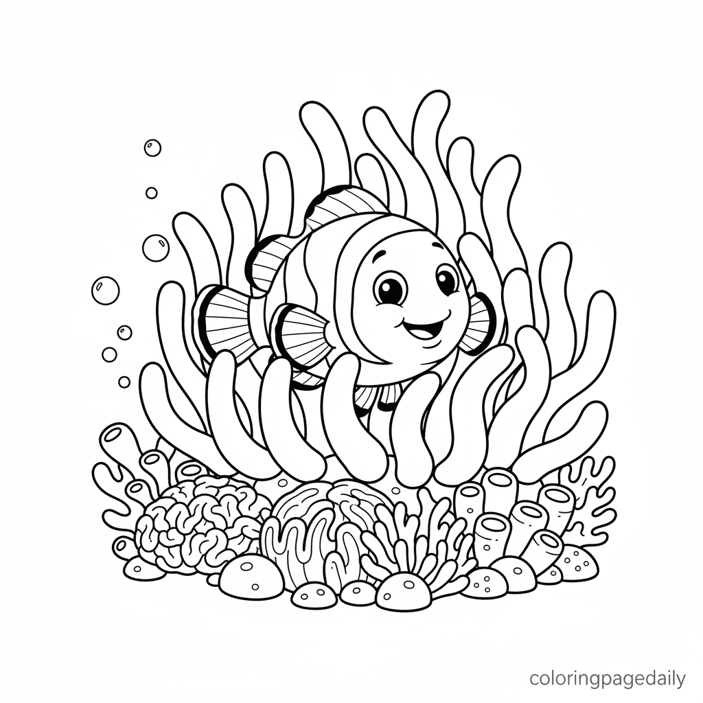 Clownfish in Anemone - Daily printable coloring page in Kids - Ocean and Underwater Life category