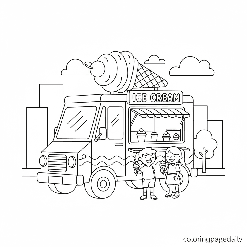 Neighborhood Ice Cream Truck - Daily printable coloring page in Kids - Vehicle category