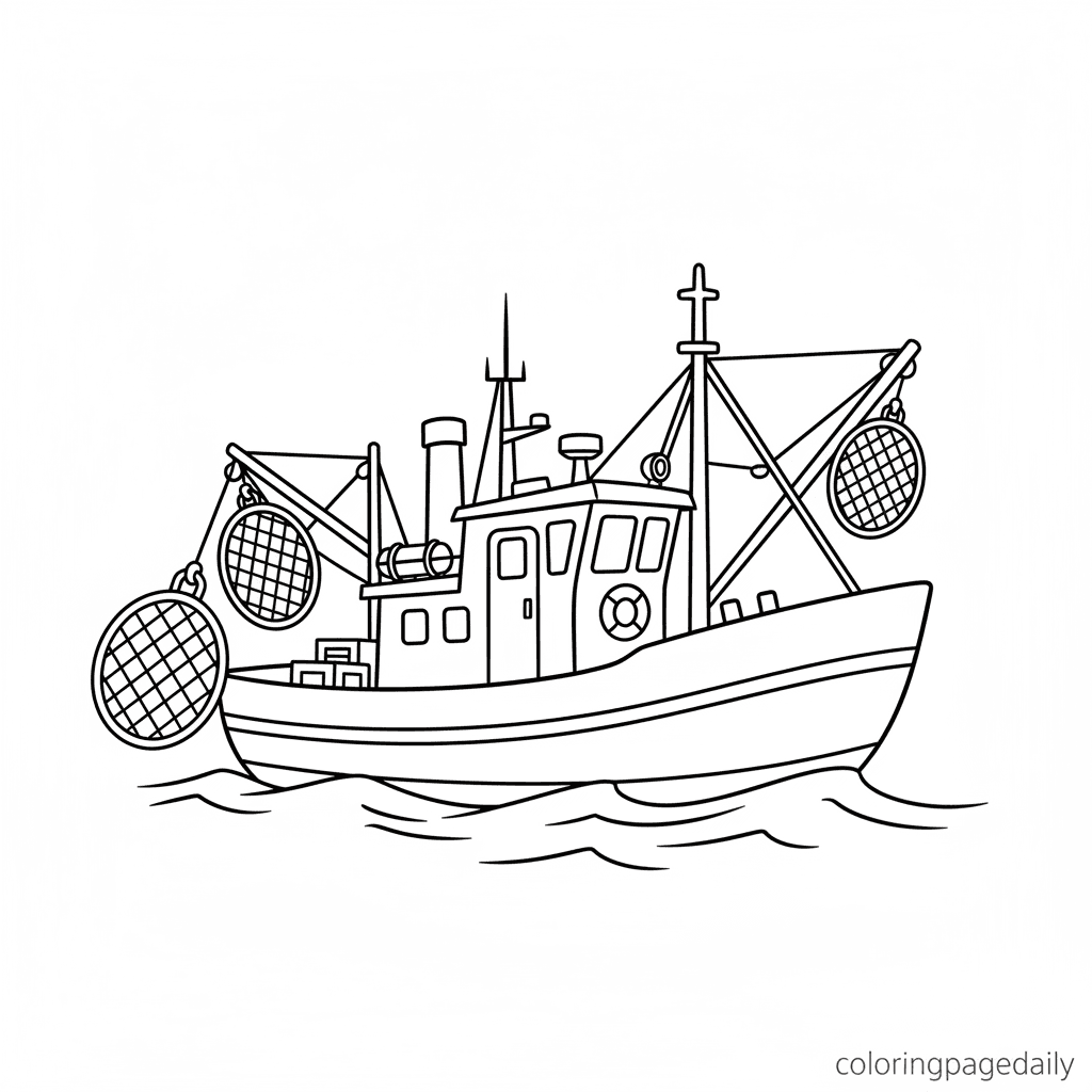Fishing Boat at Sea - Daily printable coloring page in Kids - Vehicle category