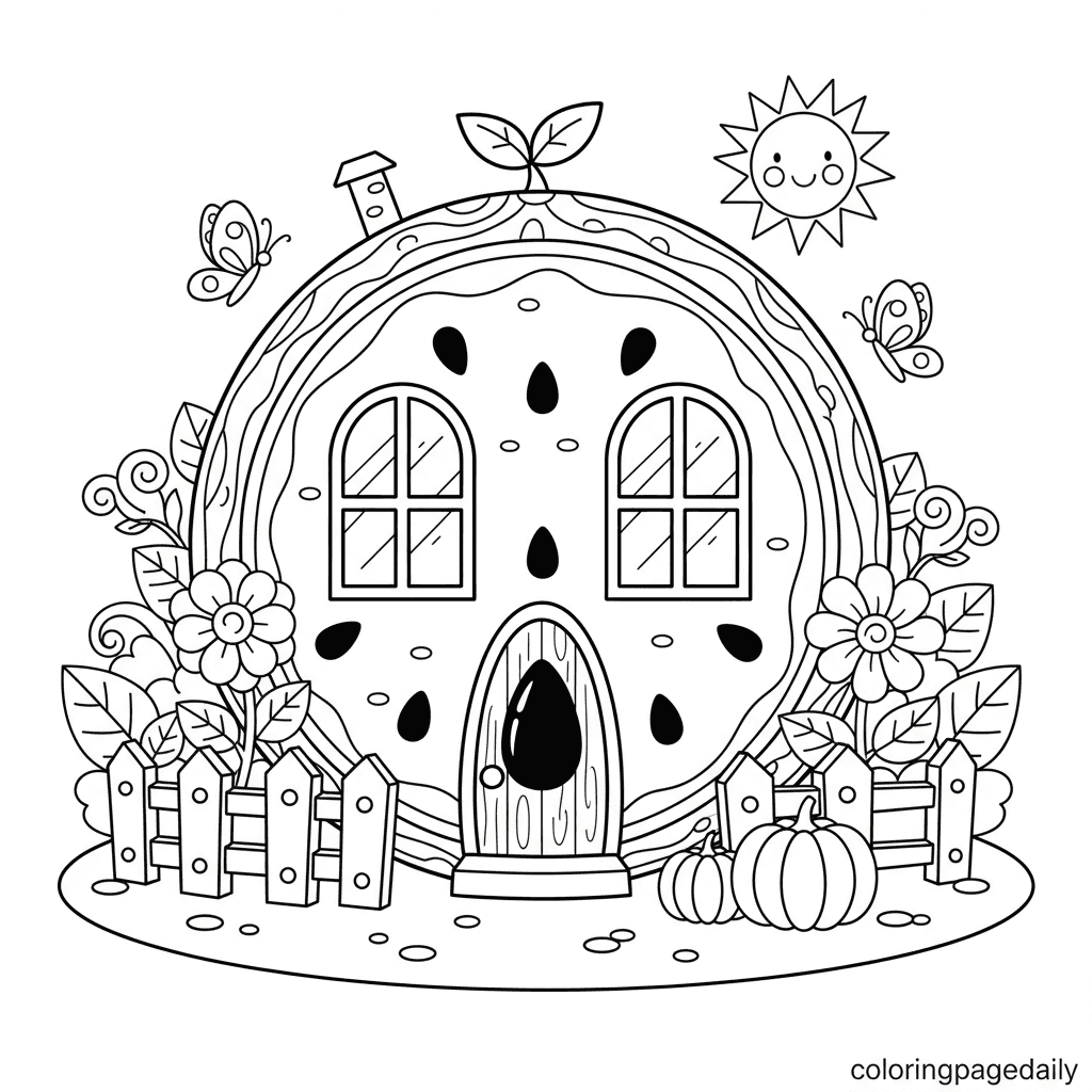 Watermelon Garden House - Daily printable coloring page in Kids - Scenery category