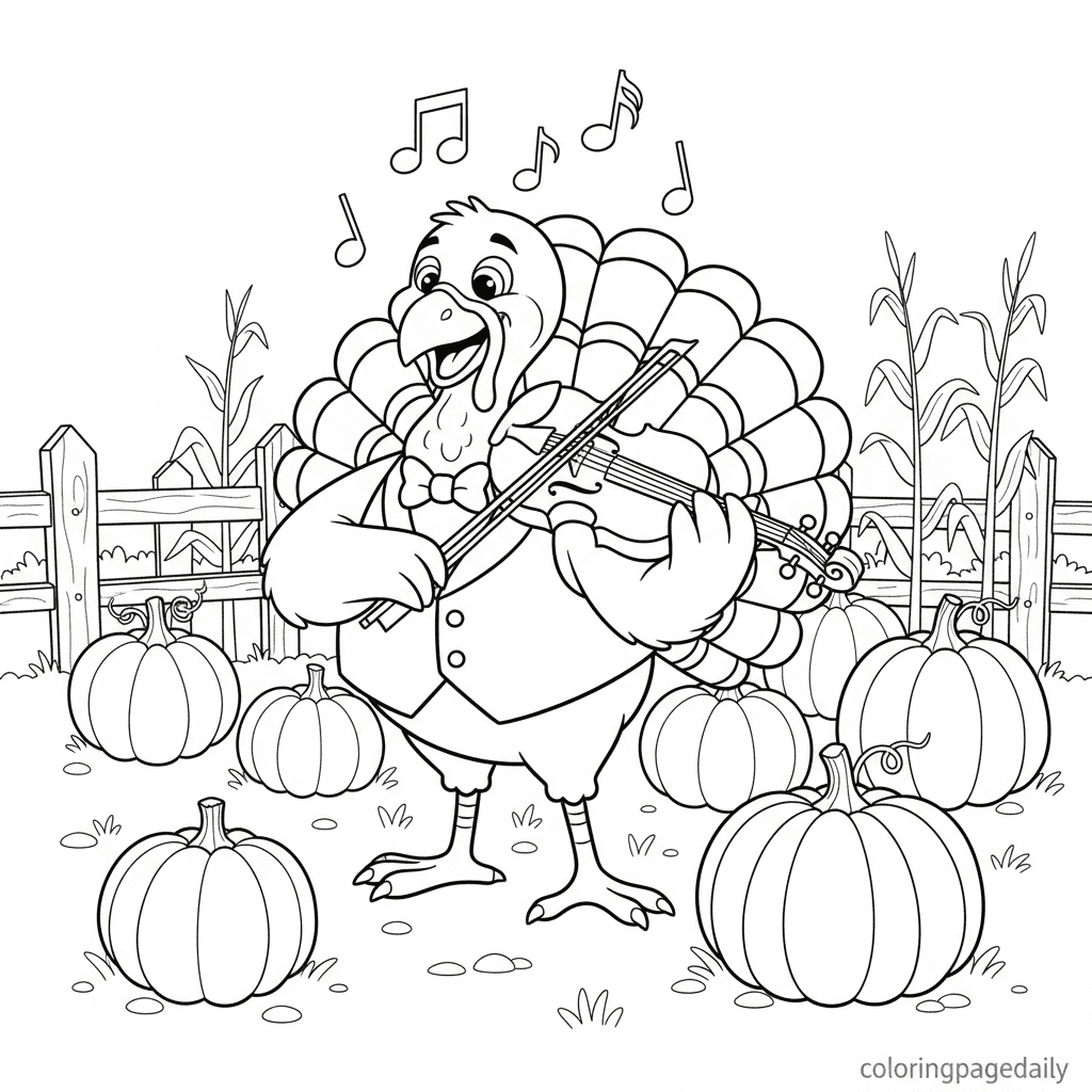 Turkey Playing Violin - Daily printable coloring page in Kids - Thanksgiving category