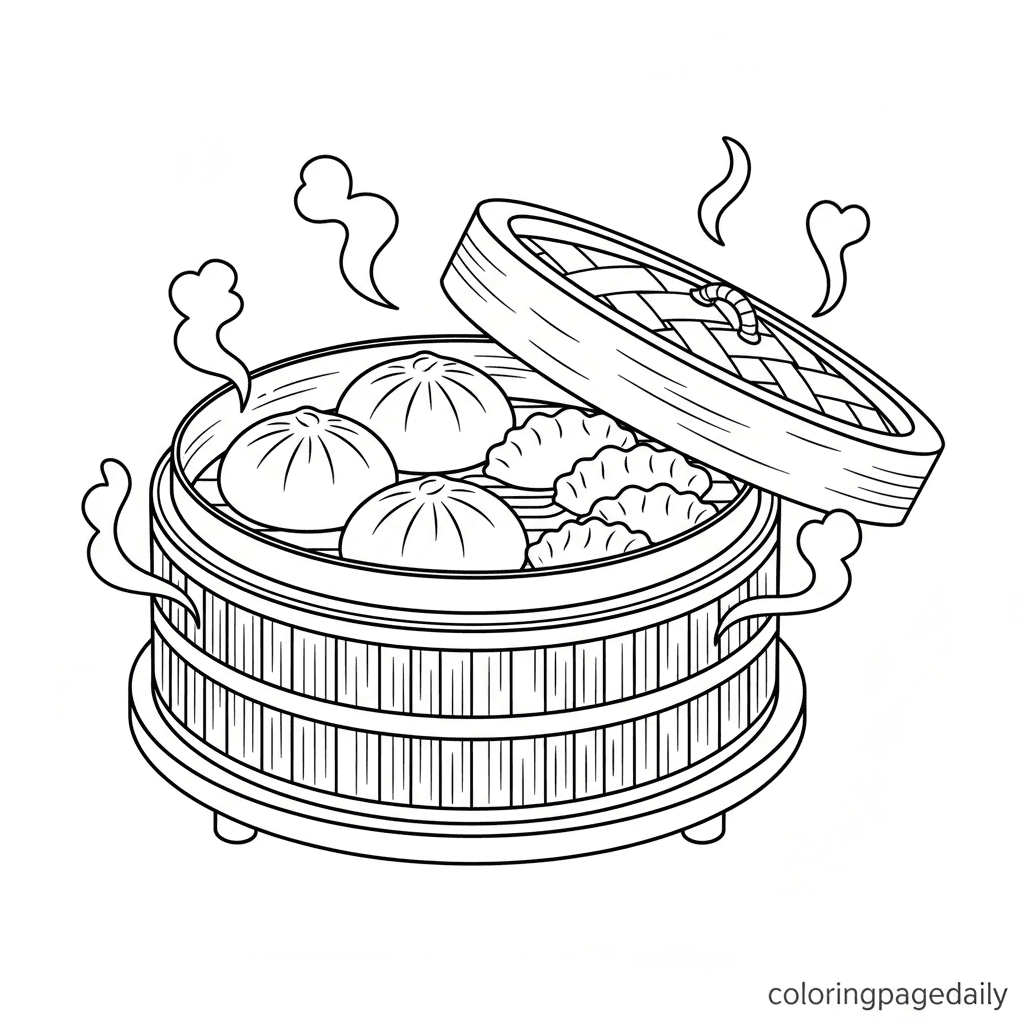 Chinese Dim Sum Basket - Daily printable coloring page in Kids - Food category