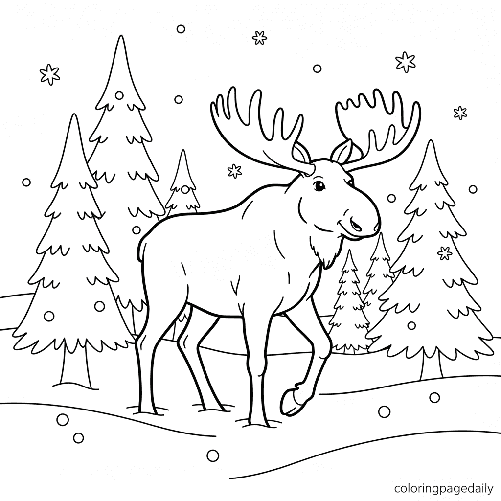Moose in Winter Snow - Daily printable coloring page in Kids - Winter and Snow Season category
