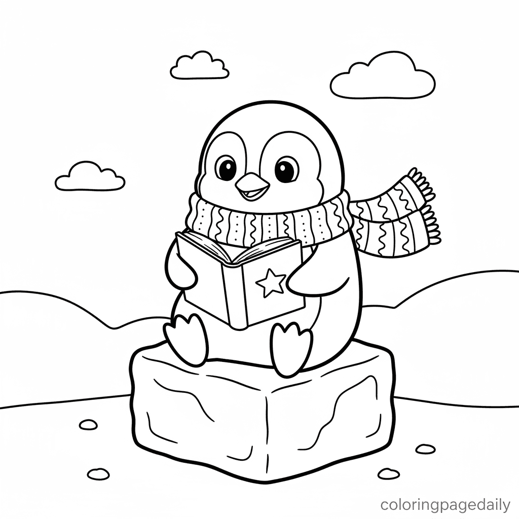 Penguin Reading Book - Daily printable coloring page in Kids - Winter and Snow Season category