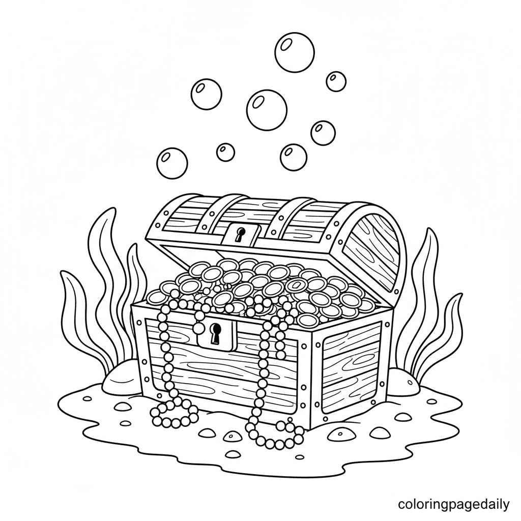 Sunken Treasure Chest - Daily printable coloring page in Kids - Ocean and Underwater Life category