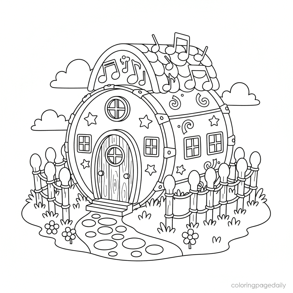 Whimsical Drum House - Daily printable coloring page in Kids - Scenery category