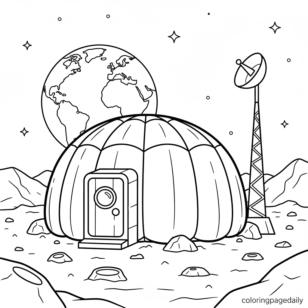 Moon Base Habitat - Daily printable coloring page in Kids - Space category