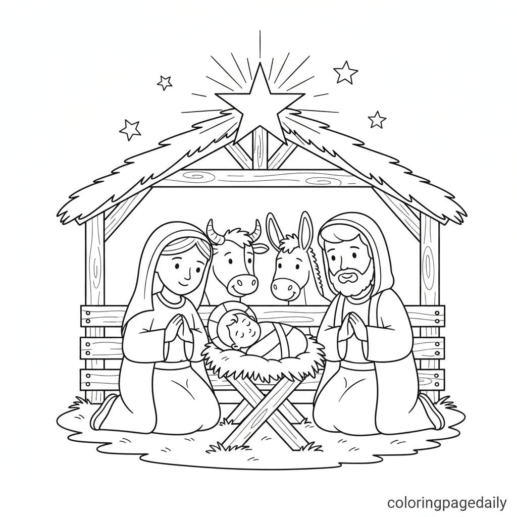 Simple Nativity Manger - Daily printable coloring page in Kids - Christmas category