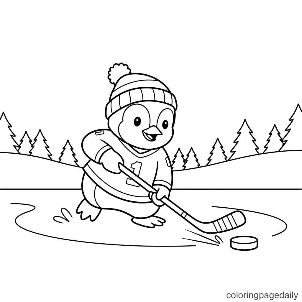 Penguin Playing Hockey - Daily printable coloring page in Kids - Winter and Snow Season category
