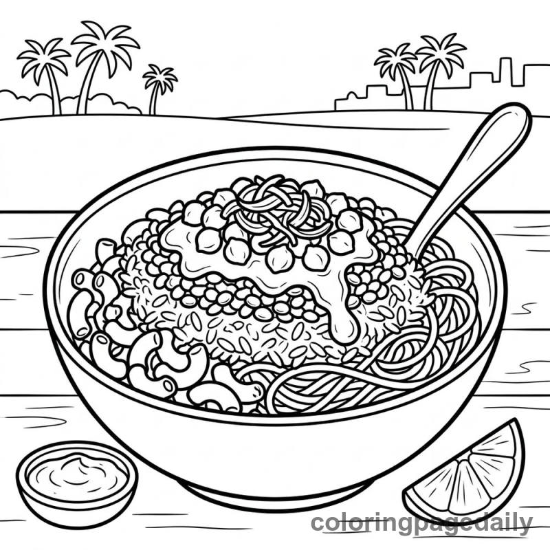 A Bowl of Egyptian Koshari - Daily printable coloring page in Food category