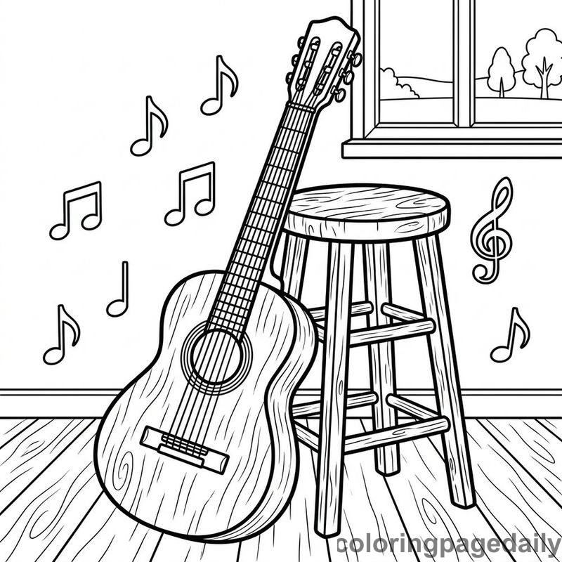 Acoustic Guitar And Stool - Colored reference example