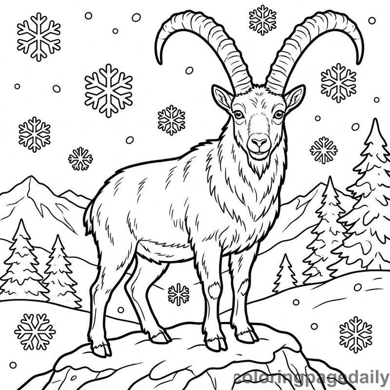 Alpine Ibex On Snowy Peak - Daily printable coloring page in Winter and Snow Season category