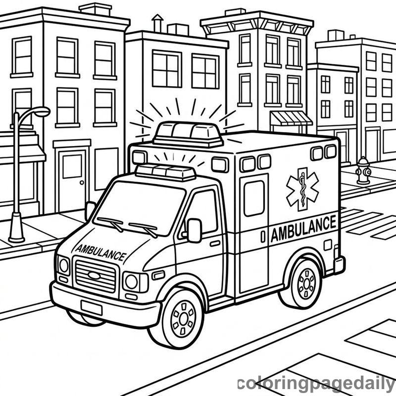 Ambulance Driving City - Daily printable coloring page in Vehicle category