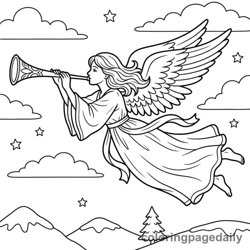 Angel Blowing Trumpet - Daily printable coloring page in Christmas category