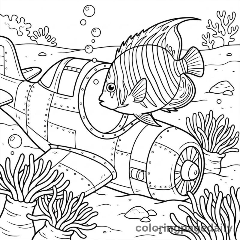 Angelfish Exploring Sunken Airplane - Daily printable coloring page in Ocean and Underwater Life category