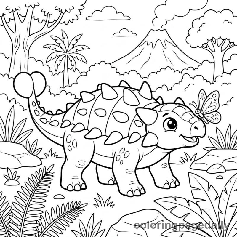 Ankylosaurus and the Butterfly - Daily printable coloring page in Dinosaur category