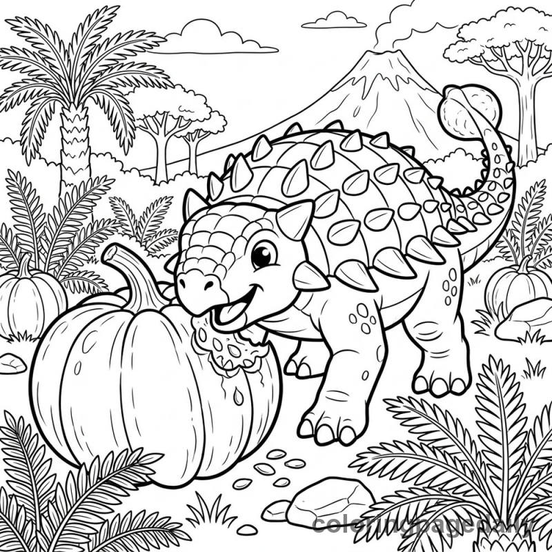 Ankylosaurus Eating Pumpkin - Daily printable coloring page in Dinosaur category