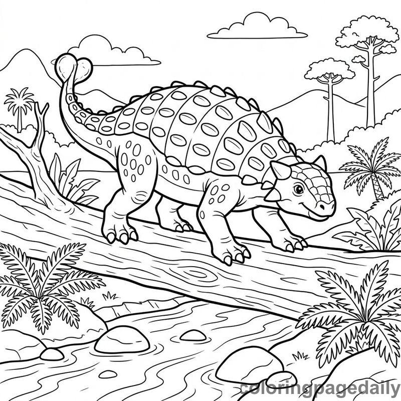 Archie the Ankylosaurus and the Secret Jungle Bridge - story illustration coloring page