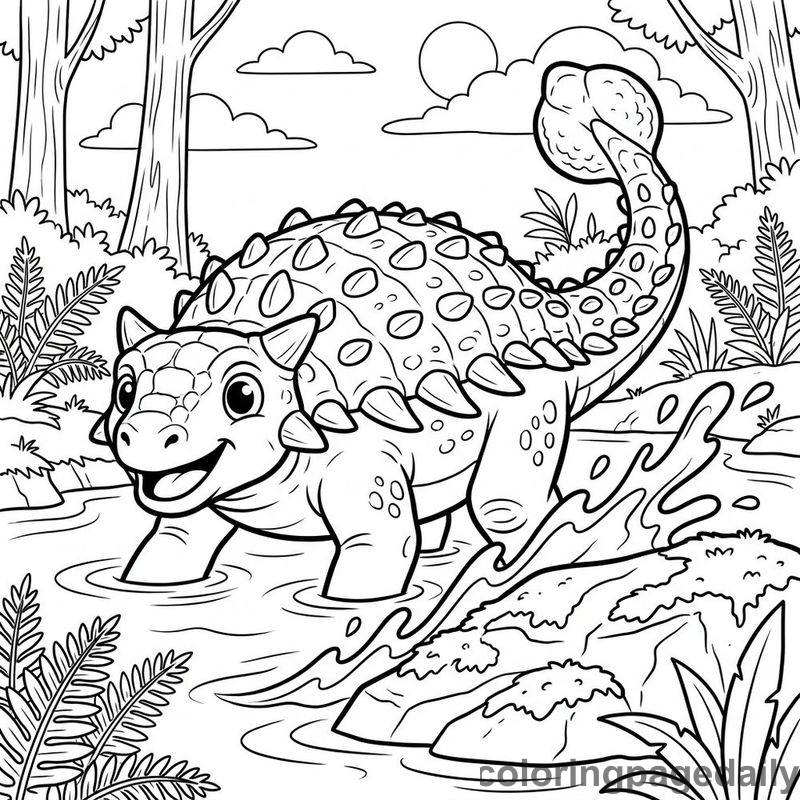 Ankylosaurus Splashing River Water - Daily printable coloring page in Dinosaur category