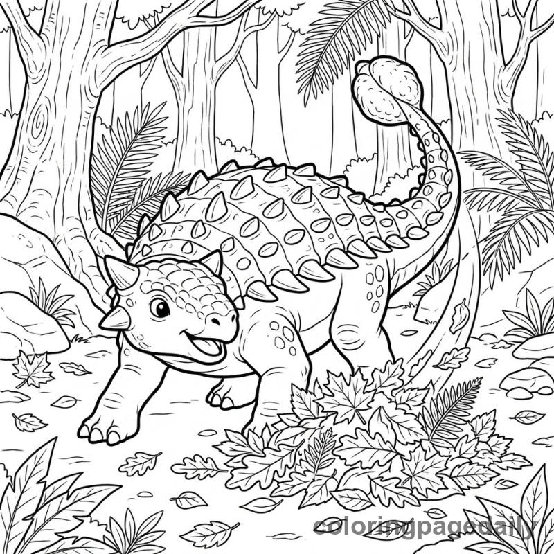 Ankylosaurus Sweeping Fall Leaves - Daily printable coloring page in Dinosaur category