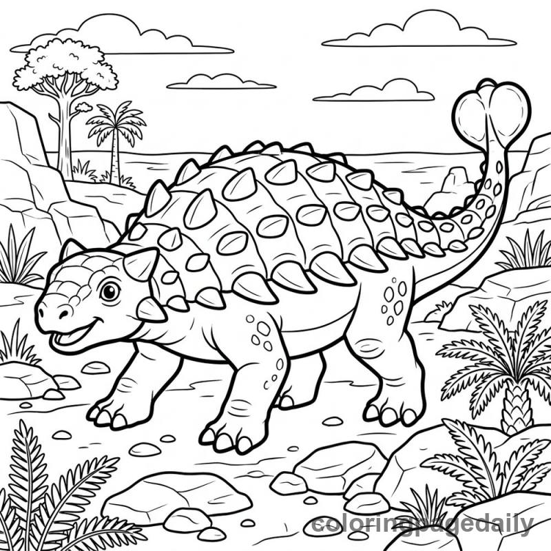 Ankylosaurus Walking - Daily printable coloring page in Dinosaur category