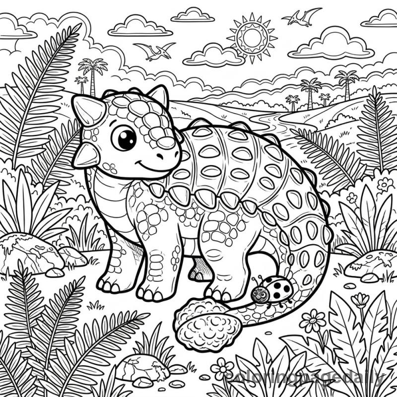 Ankylosaurus Watching A Ladybug - Daily printable coloring page in Dinosaur category
