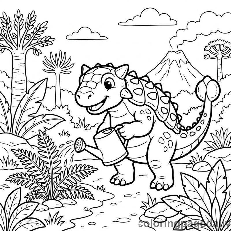 Ankylosaurus Watering Ferns - Daily printable coloring page in Dinosaur category