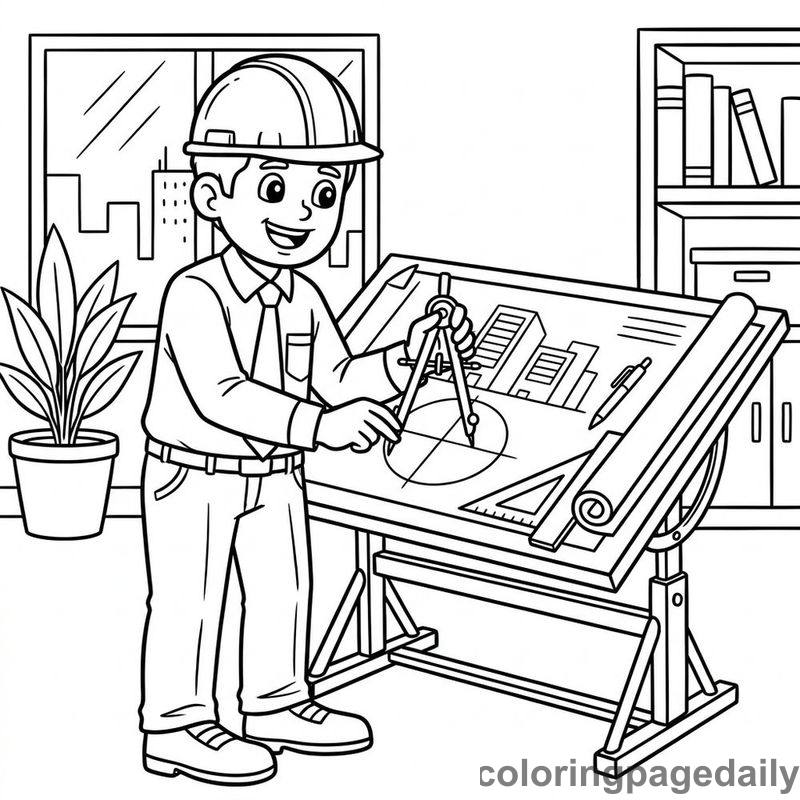 Architect Drawing With Compass - Colored reference example