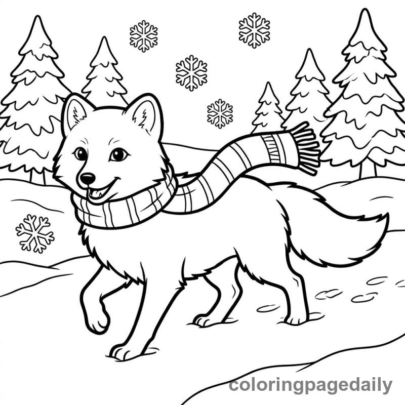 Arctic Fox In Winter Scarf - Daily printable coloring page in Winter and Snow Season category