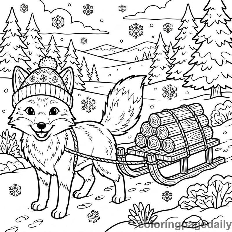 Arctic Fox Pulling Firewood Sled - Colored reference example