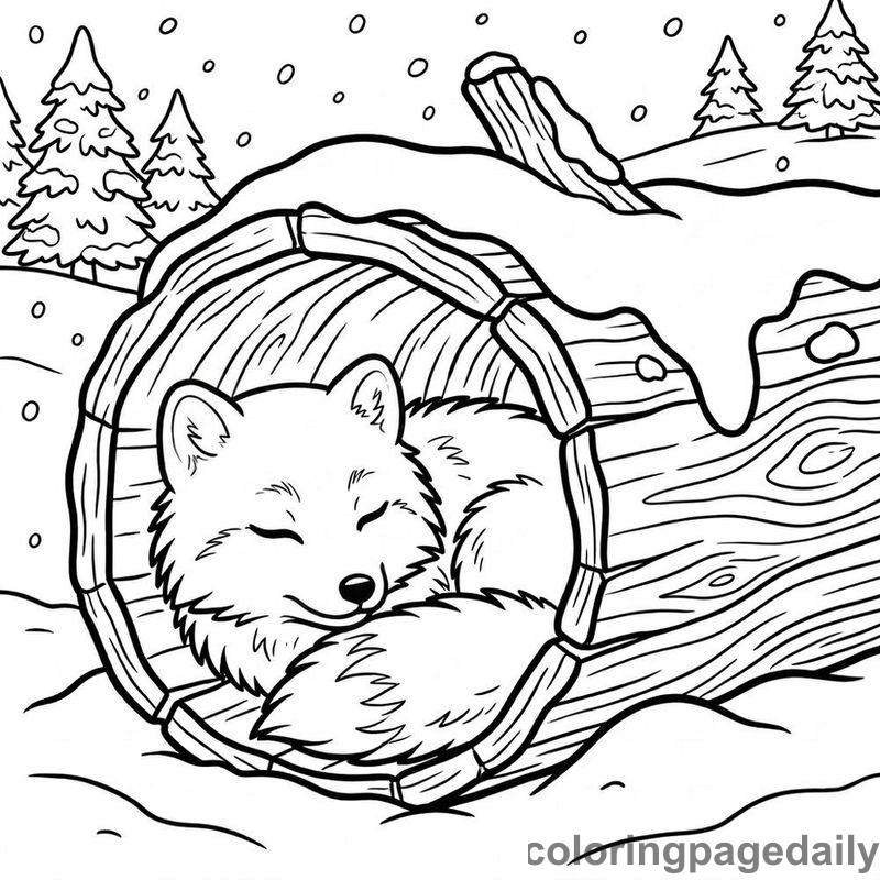 Arctic Fox Sleeping In Log - Colored reference example