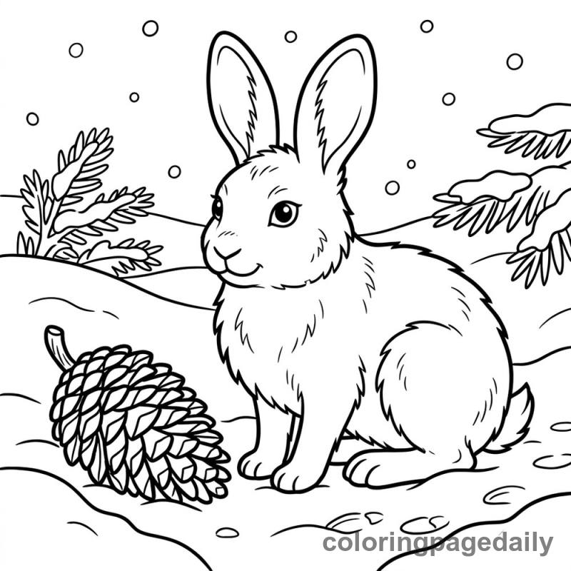 Arctic Hare and Pinecone - Daily printable coloring page in Winter and Snow Season category