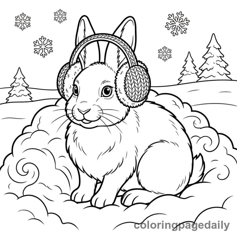 Arctic Hare Wearing Earmuffs - Daily printable coloring page in Winter and Snow Season category