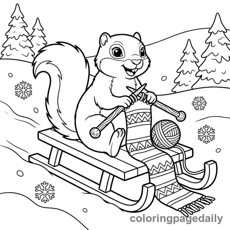 Arctic Squirrel Knitting Scarf - Daily printable coloring page in Winter and Snow Season category
