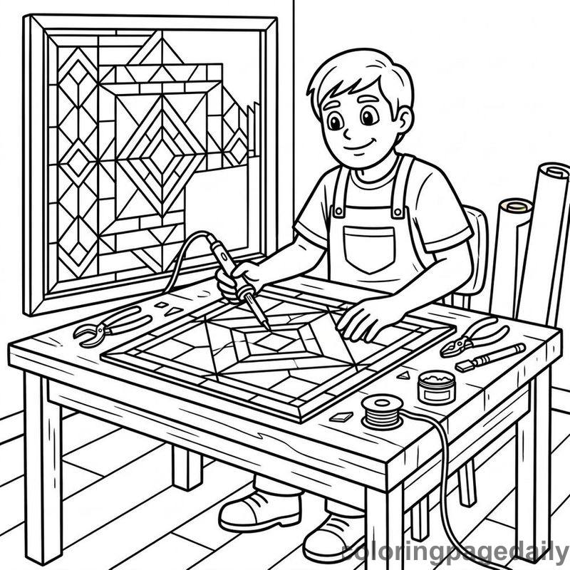 Artist Crafting Stained Glass - Daily printable coloring page in Professions category