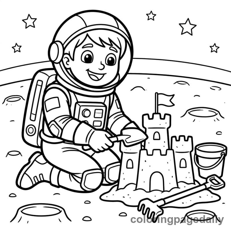 Astronaut Building Moon Castle - Daily printable coloring page in Space category