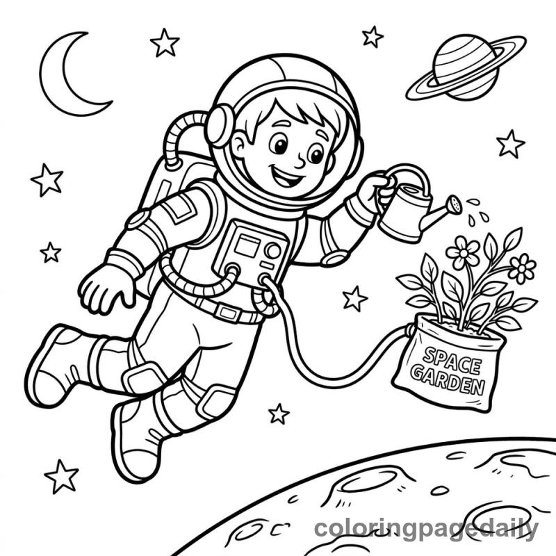 Astronaut Space Gardening - Daily printable coloring page in Space category