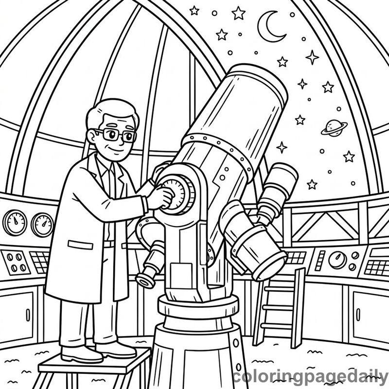 Astronomer Adjusting Huge Telescope - Colored reference example