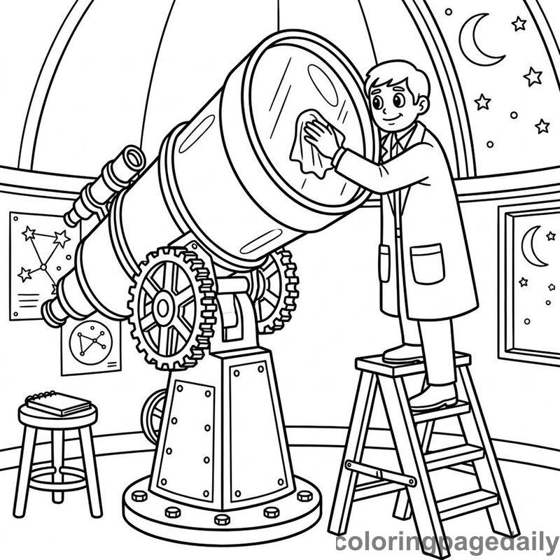 Astronomer Polishing Telescope Lens - Daily printable coloring page in Professions category